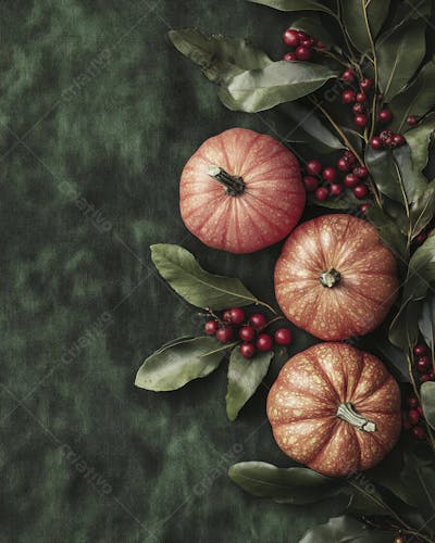 Decoração Outonal com Abóboras, Folhagens e Bagas Vermelhas sobre Fundo Verde com Copy Space