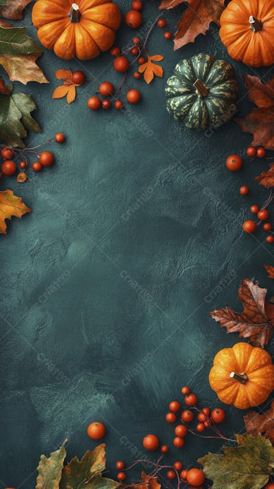 Decoração Outonal com Abóboras, Folhagens e Bagas Vermelhas sobre Fundo Verde com Copy Space