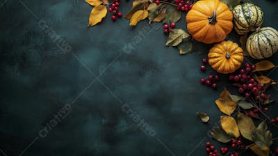 Decoração Outonal com Abóboras, Folhagens e Bagas Vermelhas sobre Fundo Verde com Copy Space
