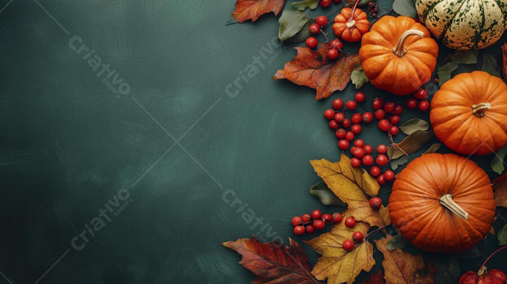 Decoração Outonal com Abóboras, Folhagens e Bagas Vermelhas sobre Fundo Verde com Copy Space