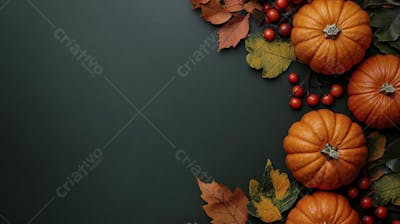 Decoração Outonal com Abóboras, Folhagens e Bagas Vermelhas sobre Fundo Verde com Copy Space