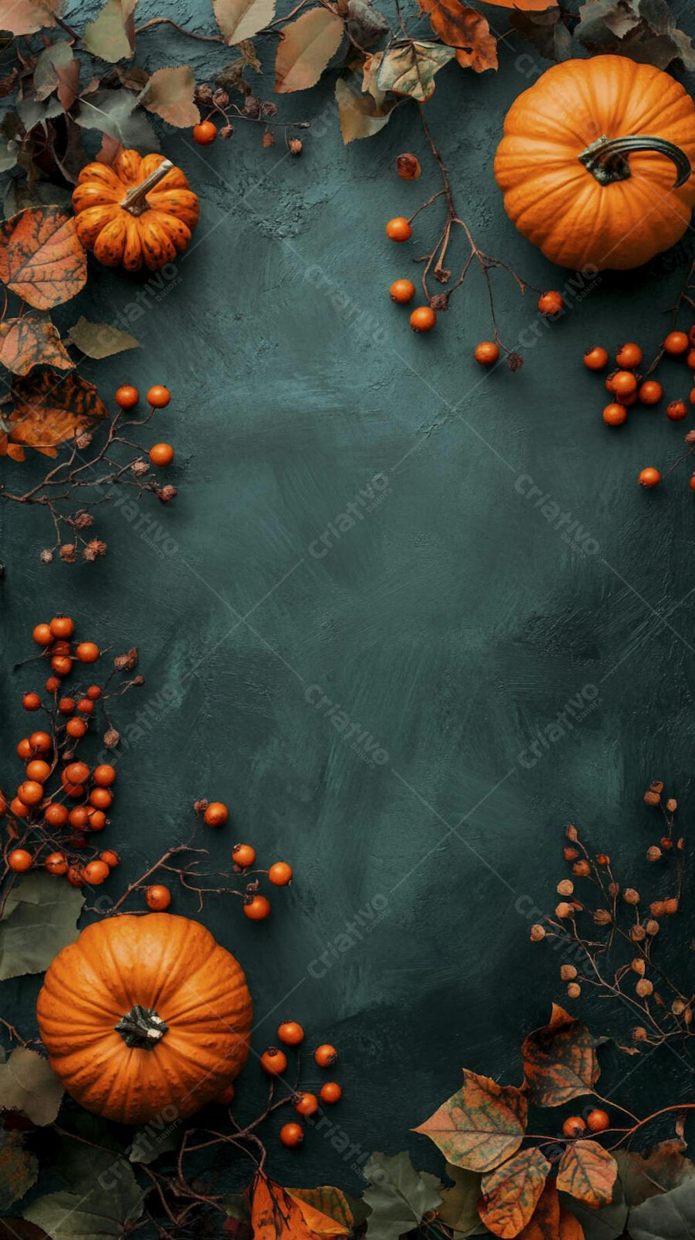 Decoração Outonal com Abóboras, Folhagens e Bagas Vermelhas sobre Fundo Verde com Copy Space