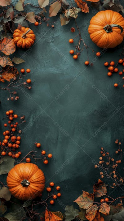 Decoração Outonal com Abóboras, Folhagens e Bagas Vermelhas sobre Fundo Verde com Copy Space