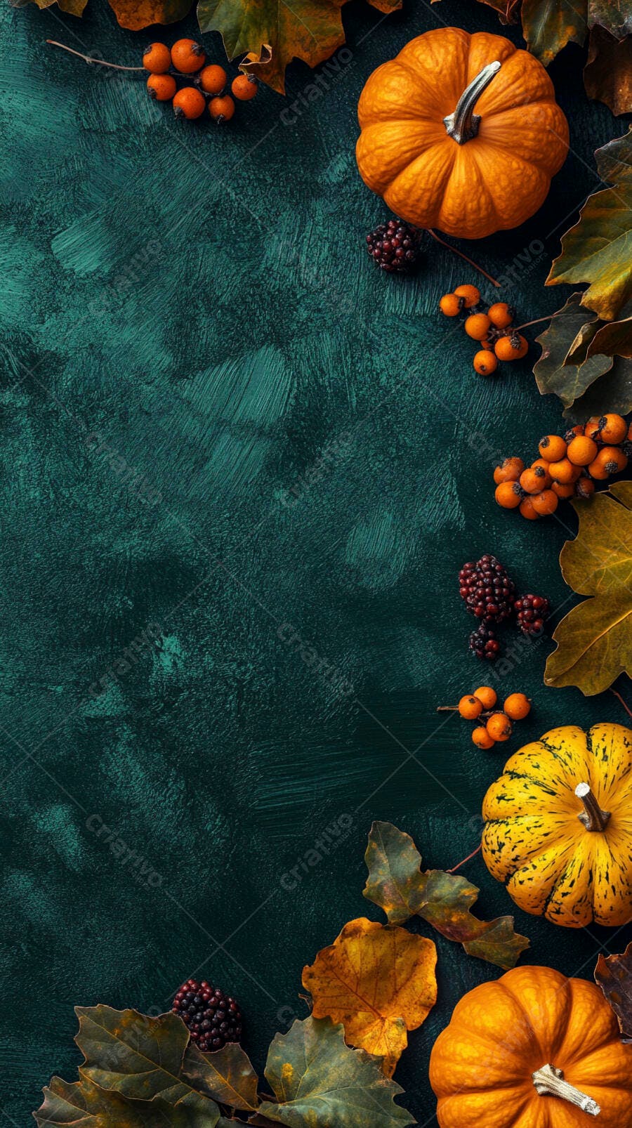 Abóbora e folhas outono fundo verde