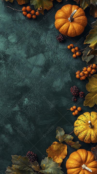 Decoração Outonal com Abóboras, Folhagens e Bagas Vermelhas sobre Fundo Verde com Copy Space