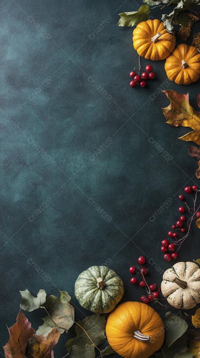 Decoração Outonal com Abóboras, Folhagens e Bagas Vermelhas sobre Fundo Verde com Copy Space