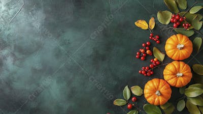 Decoração Outonal com Abóboras, Folhagens e Bagas Vermelhas sobre Fundo Verde com Copy Space