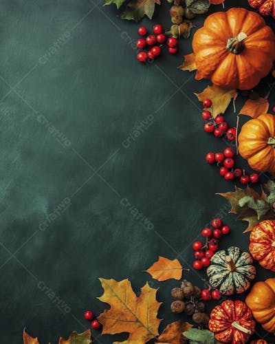 Decoração Outonal com Abóboras, Folhagens e Bagas Vermelhas sobre Fundo Verde com Copy Space