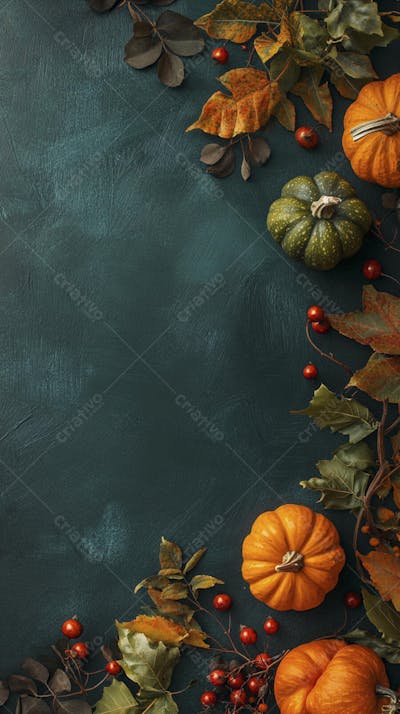Decoração Outonal com Abóboras, Folhagens e Bagas Vermelhas sobre Fundo Verde com Copy Space