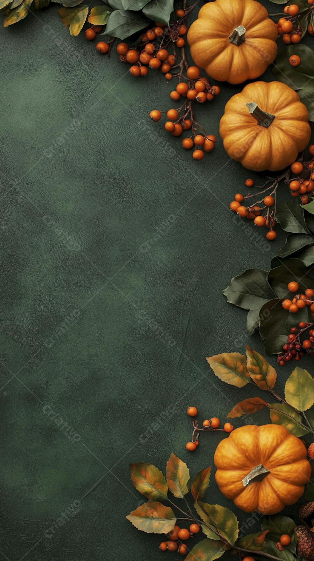 Decoração Outonal com Abóboras, Folhagens e Bagas Vermelhas sobre Fundo Verde com Copy Space