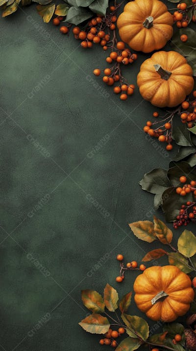 Decoração Outonal com Abóboras, Folhagens e Bagas Vermelhas sobre Fundo Verde com Copy Space