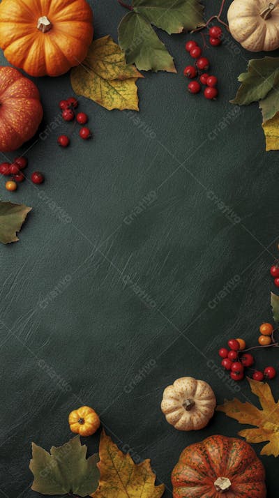 Decoração Outonal com Abóboras, Folhagens e Bagas Vermelhas sobre Fundo Verde com Copy Space