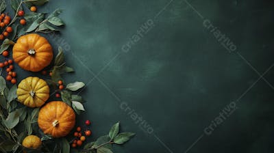 Decoração Outonal com Abóboras, Folhagens e Bagas Vermelhas sobre Fundo Verde com Copy Space