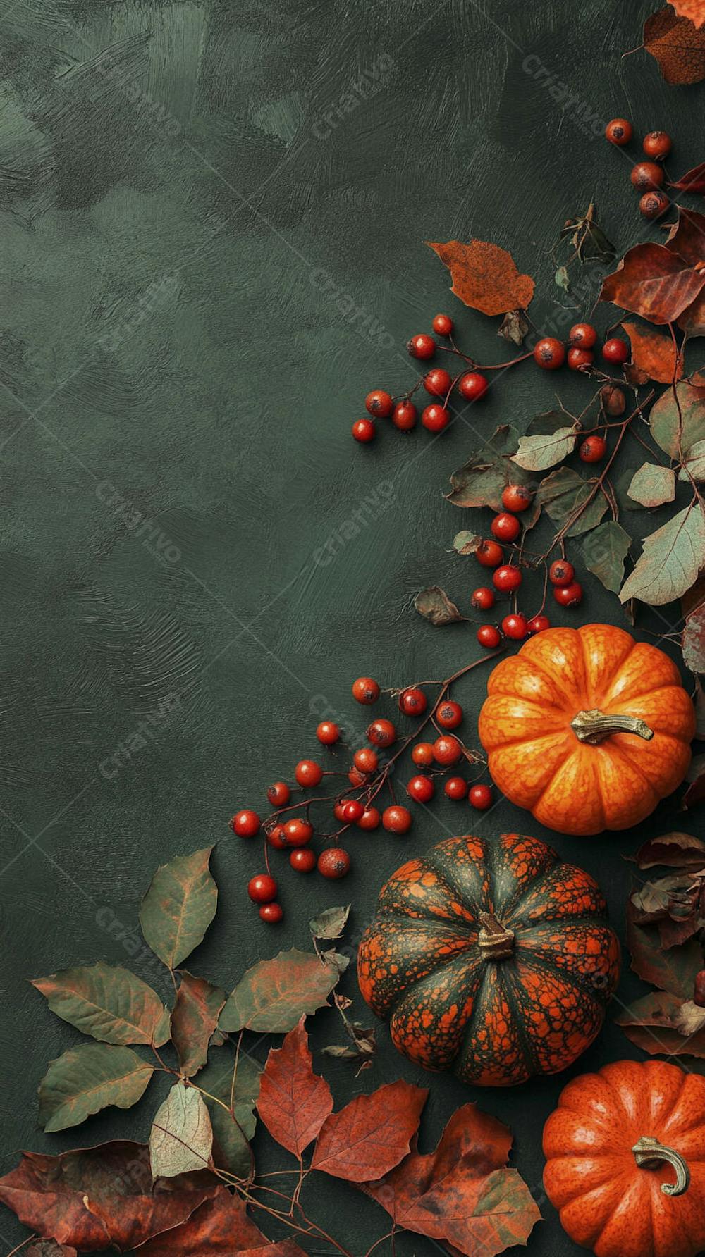 Decoração Outonal com Abóboras, Folhagens e Bagas Vermelhas sobre Fundo Verde com Copy Space