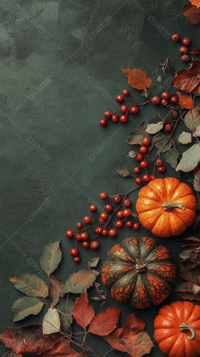 Decoração Outonal com Abóboras, Folhagens e Bagas Vermelhas sobre Fundo Verde com Copy Space