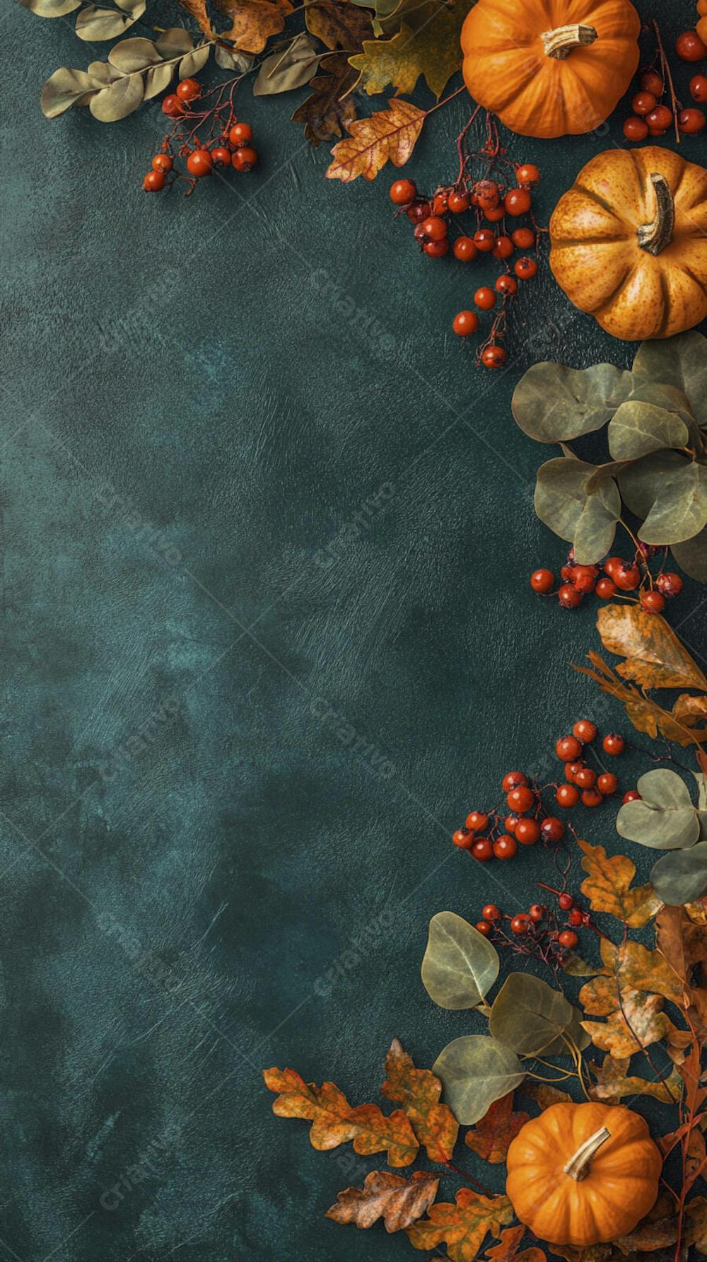 Decoração Outonal com Abóboras, Folhagens e Bagas Vermelhas sobre Fundo Verde com Copy Space