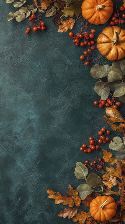 Decoração Outonal com Abóboras, Folhagens e Bagas Vermelhas sobre Fundo Verde com Copy Space