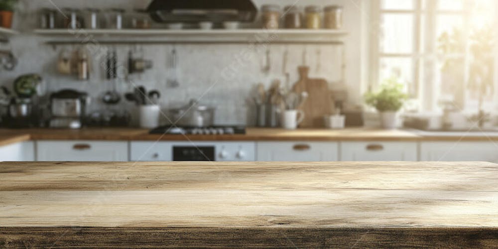 Mesa de Madeira Rústica em Cozinha Iluminada com Utensílios e Copy Space