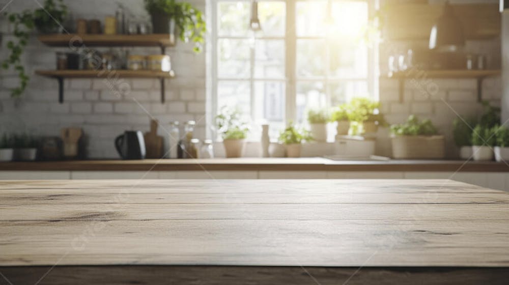 Mesa de Madeira Rústica em Cozinha Iluminada com Utensílios e Copy Space