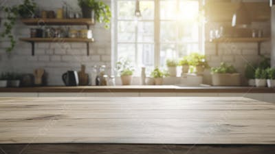 Mesa de Madeira Rústica em Cozinha Iluminada com Utensílios e Copy Space