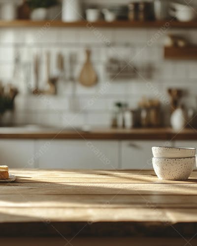 Mesa de Madeira Rústica em Cozinha Iluminada com Utensílios e Copy Space