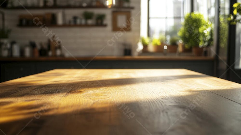 Mesa de Madeira Rústica em Cozinha Iluminada com Utensílios e Copy Space