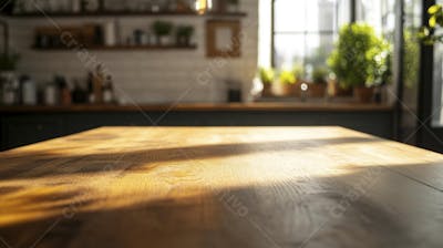 Mesa de Madeira Rústica em Cozinha Iluminada com Utensílios e Copy Space