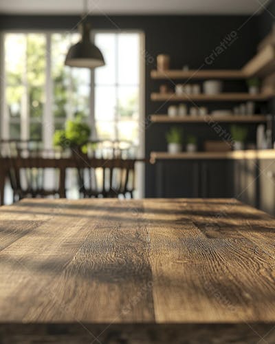 Mesa de Madeira Rústica em Cozinha Iluminada com Utensílios e Copy Space