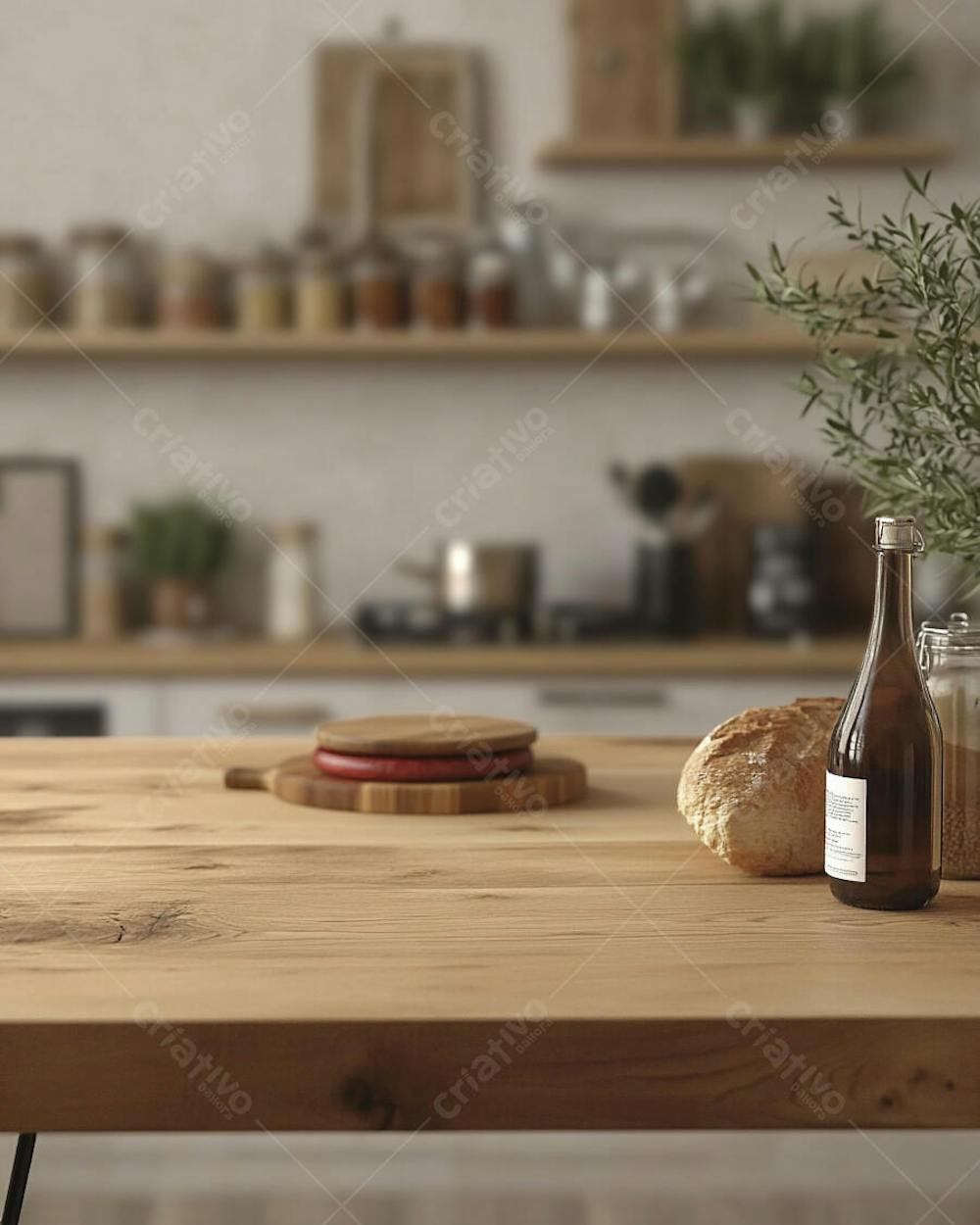 Mesa de Madeira Rústica em Cozinha Iluminada com Utensílios e Copy Space