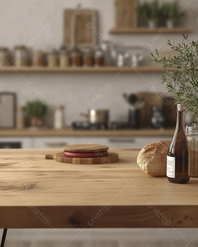 Mesa de Madeira Rústica em Cozinha Iluminada com Utensílios e Copy Space