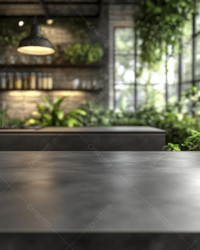 Mesa de Madeira Rústica em Cozinha Iluminada com Utensílios e Copy Space