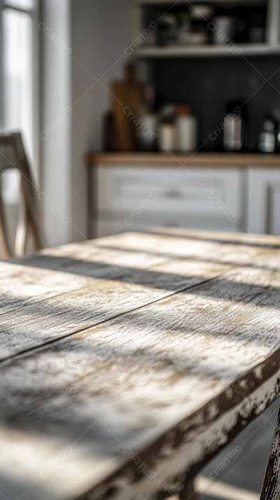 Mesa de Madeira Rústica em Cozinha Iluminada com Utensílios e Copy Space