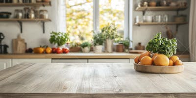 Mesa de Madeira Rústica em Cozinha Iluminada com Utensílios e Copy Space