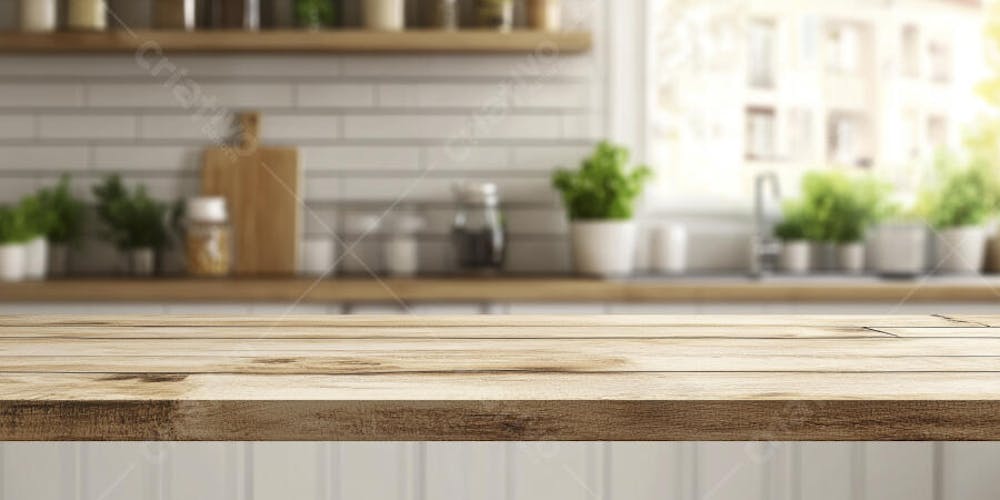 Mesa de Madeira Rústica em Cozinha Iluminada com Utensílios e Copy Space