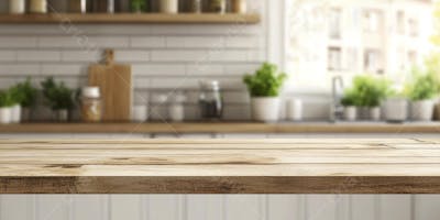 Mesa de Madeira Rústica em Cozinha Iluminada com Utensílios e Copy Space
