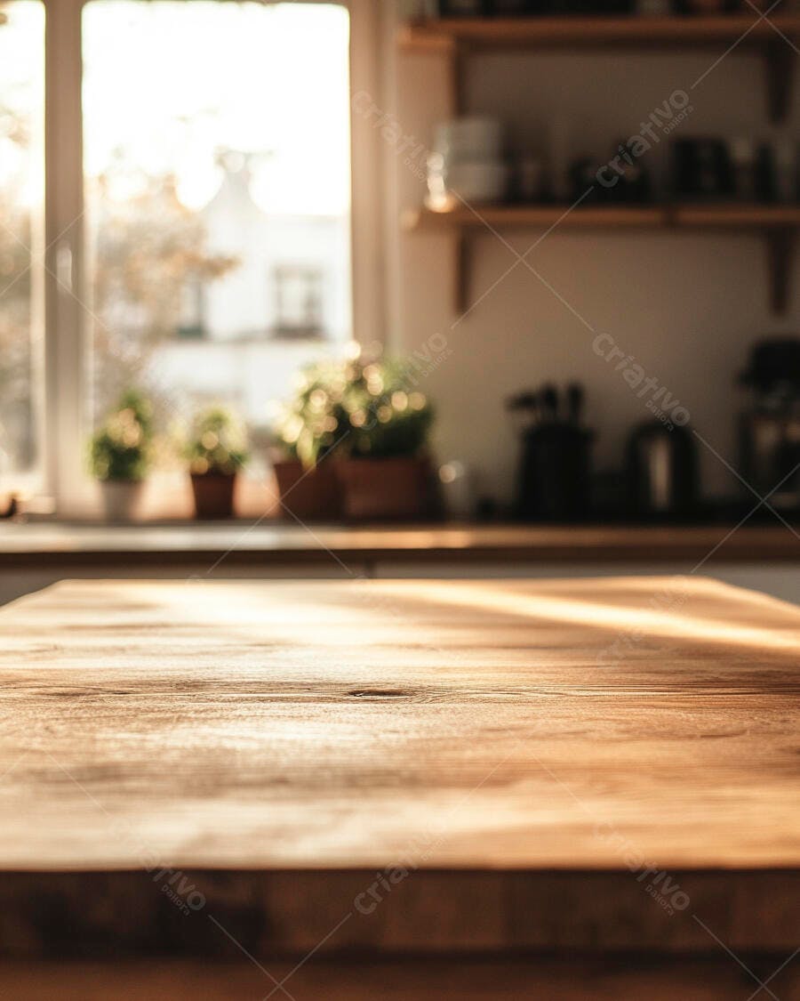 Mesa de madeira iluminada pela manhã