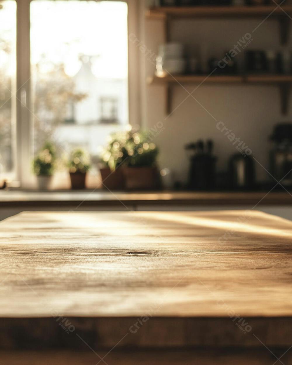Mesa de Madeira Rústica em Cozinha Iluminada com Utensílios e Copy Space