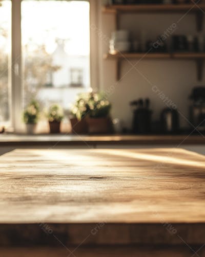Mesa de Madeira Rústica em Cozinha Iluminada com Utensílios e Copy Space
