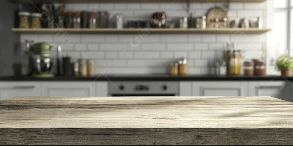 Mesa de Madeira Rústica em Cozinha Iluminada com Utensílios e Copy Space