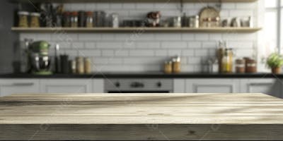 Mesa de Madeira Rústica em Cozinha Iluminada com Utensílios e Copy Space