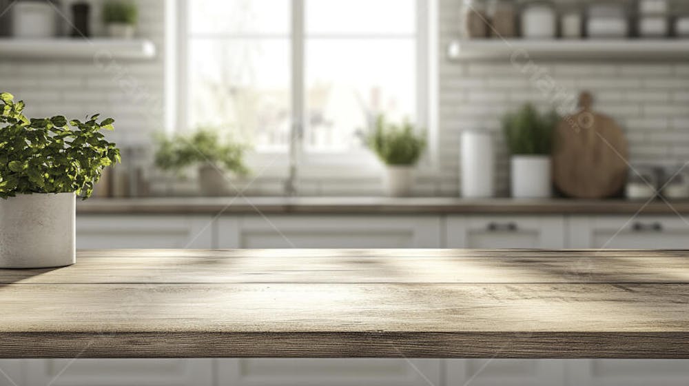 Mesa de Madeira Rústica em Cozinha Iluminada com Utensílios e Copy Space