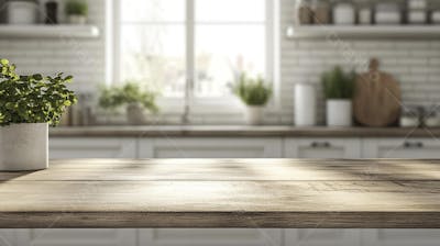 Mesa de Madeira Rústica em Cozinha Iluminada com Utensílios e Copy Space