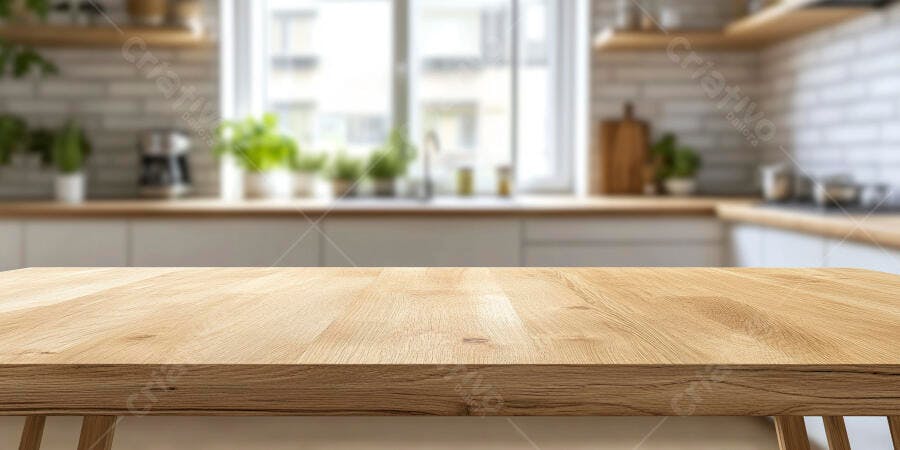 Mesa de madeira em cozinha moderna