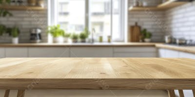 Mesa de Madeira Rústica em Cozinha Iluminada com Utensílios e Copy Space