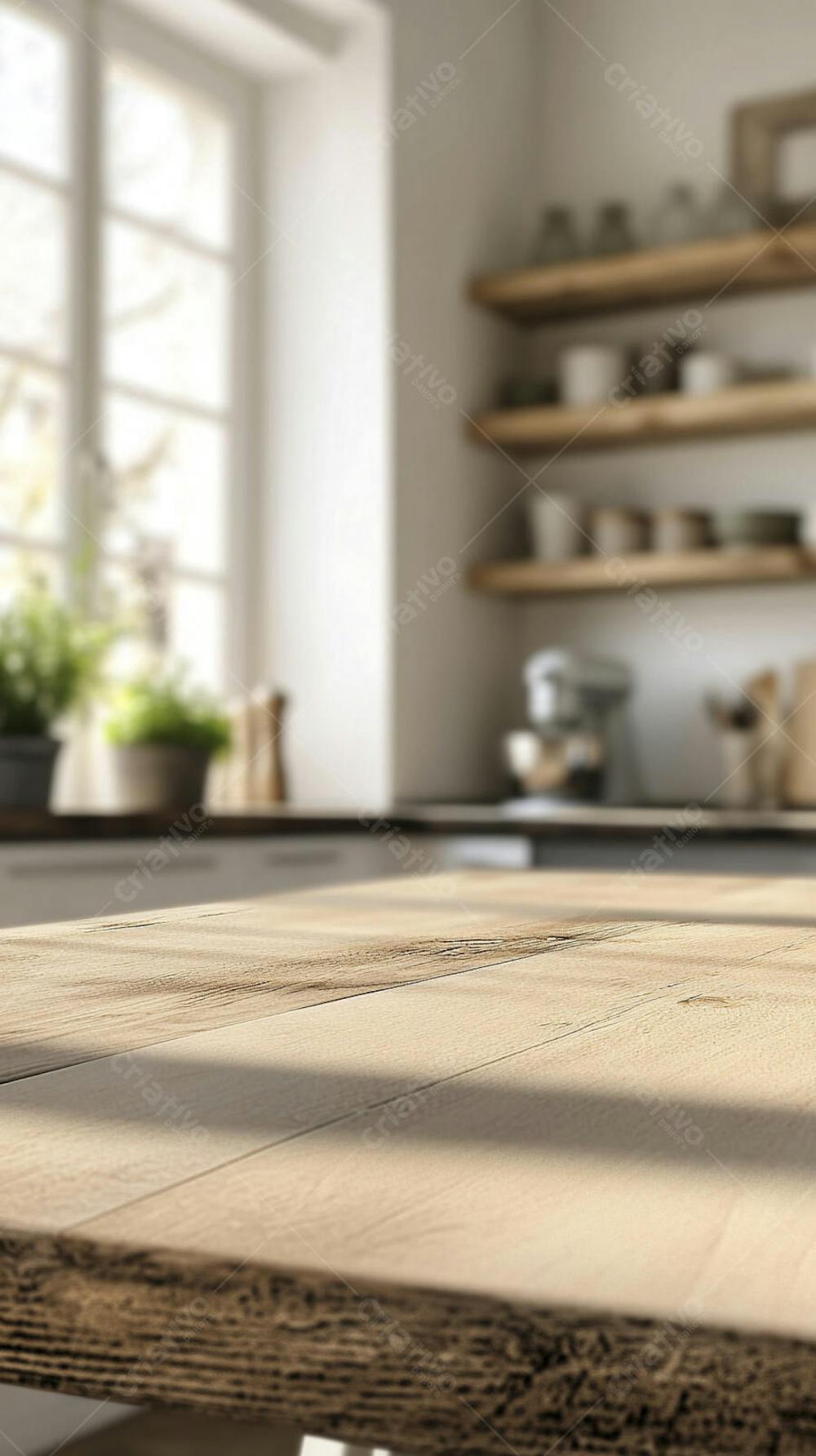 Mesa de Madeira Rústica em Cozinha Iluminada com Utensílios e Copy Space