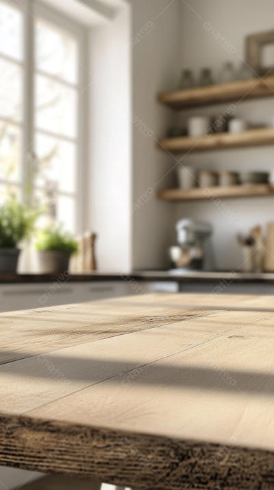 Mesa de Madeira Rústica em Cozinha Iluminada com Utensílios e Copy Space