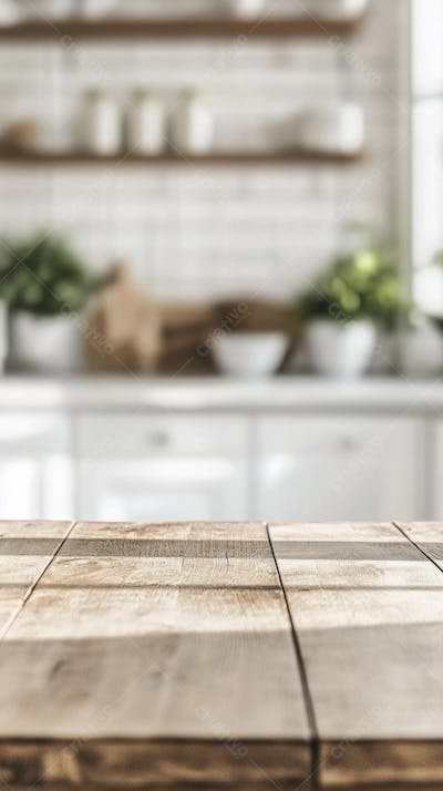 Mesa de Madeira Rústica em Cozinha Iluminada com Utensílios e Copy Space