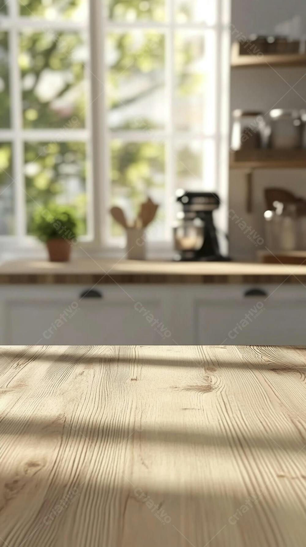 Mesa de Madeira Rústica em Cozinha Iluminada com Utensílios e Copy Space