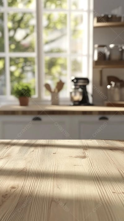 Mesa de Madeira Rústica em Cozinha Iluminada com Utensílios e Copy Space