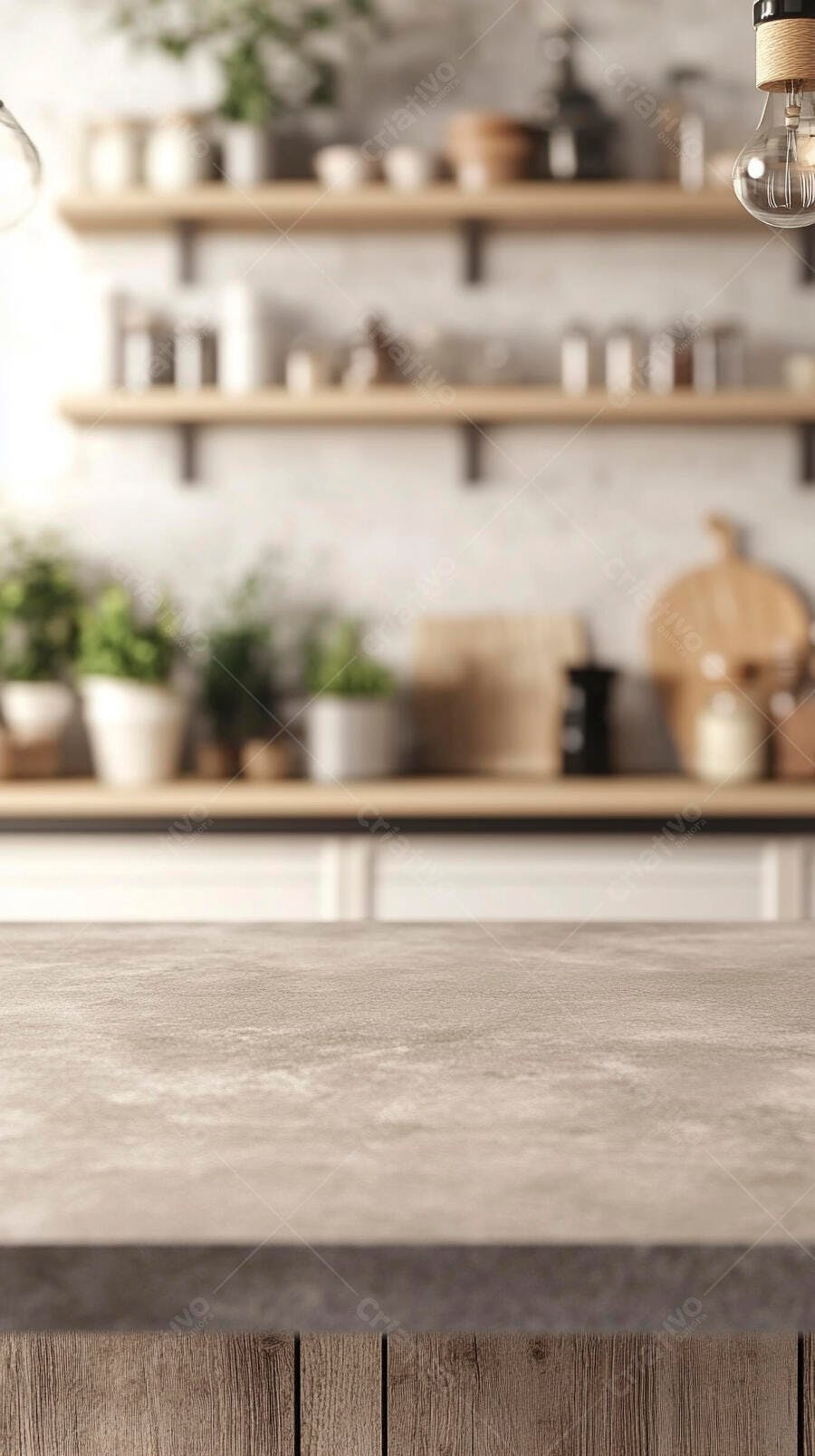 Balcão de cozinha estilo rústico com fundo desfocado